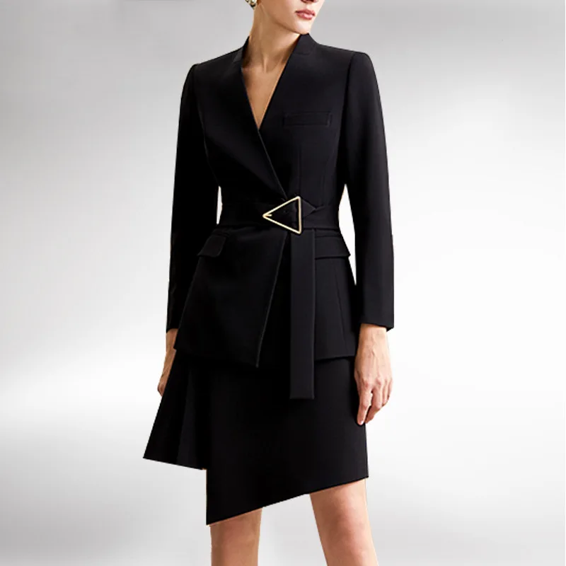 

2023 Summer Women's Waist Collarless Suit Lace Up Retractable Professional Dress