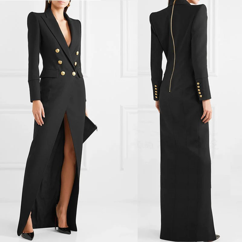

Empowered celebrity dress with the same style, women's floor mop, long slit, waistband, double breasted suit jacket, long