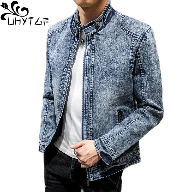 UHYTGF Coat Men's Black Blue Vintage Young Denim Jacket Male Long Sleeves Casual Spring Autumn Jeans Outerwear Men Chaquetas 113