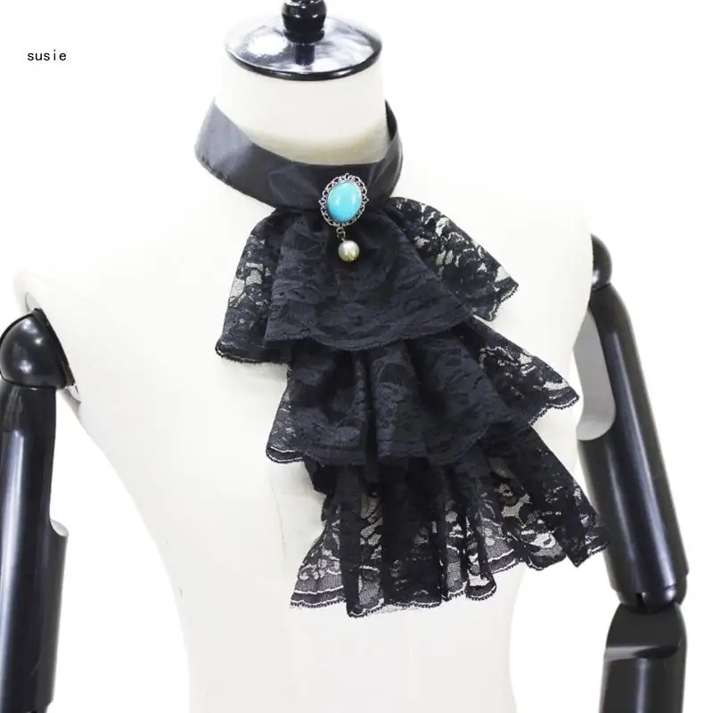 X7YA 여성 남성 다층 레이스 프릴 가짜 칼라 고딕 빅토리아 분리형 Jabot 칼라 파티 Steampunk 의류 액세서리