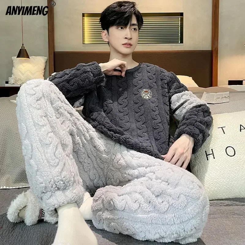 L-5XL Big Size Mens Pajamas Set Winter Thick Velvet Coral Pajama for Man  Leisure Sporty Sleepwear Chubby Thermal Pijamas for Boy
