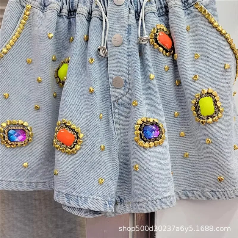 Street Style Beaded High Waist Denim Shorts 2024 Summer European Goods Exquisite Rhinestone Gem Wide Leg Shorts for Women