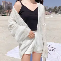 Summer Knitted Cardigan Cardigan lazy loose Hollow soild color long-sleeved air-conditioned shirt Cropped Sweter Cardigan