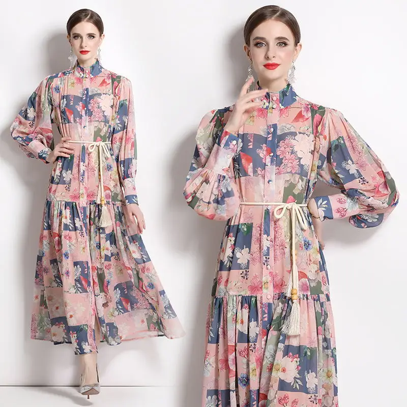 

Softerable Loose Women Chiffon Big Swing Holliday Dresses Feminino Ethnic Flower Printed Patchwork Lantern Sleeve Retro Vestidos