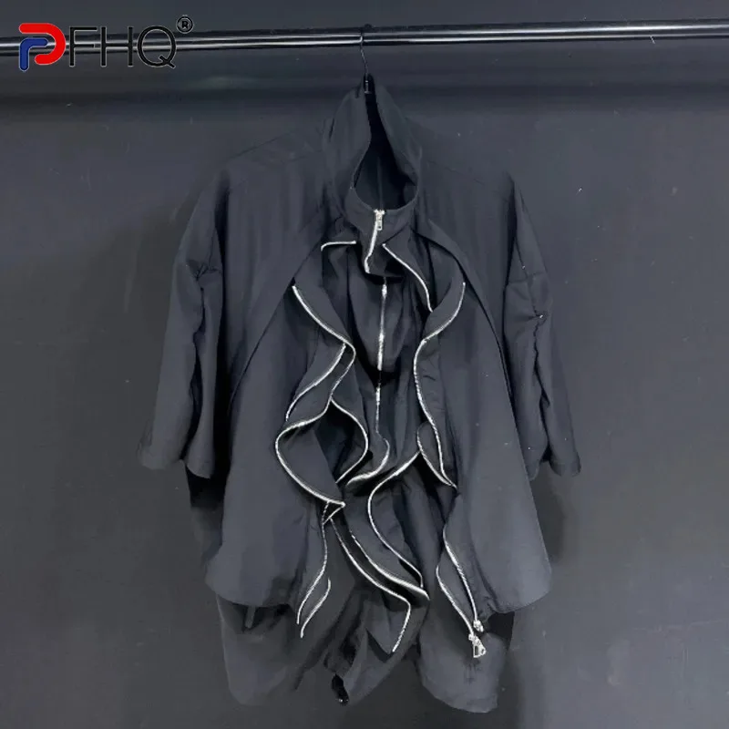 

PFHQ Patchwork Twisted Zipper Shirts Stand Collar Men's Spring Short Sleeve Tide Darkwear High Street Creativity Tops 21F3737