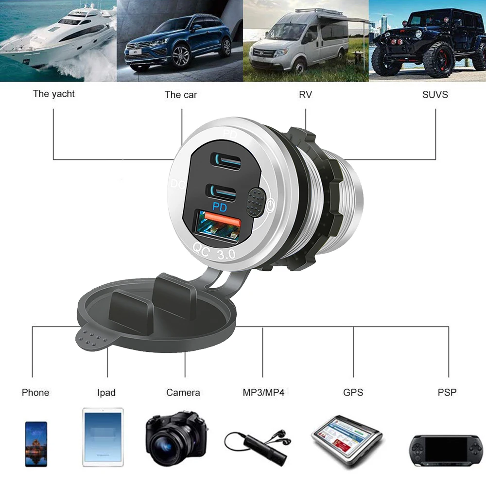 12V/24V USB 차량용 충전기 소켓 PD3.0 및 QC3.0 Type-c 포트 LED 터치 스위치로 방수 115W 고속 충전 자동차 모토 어댑터
