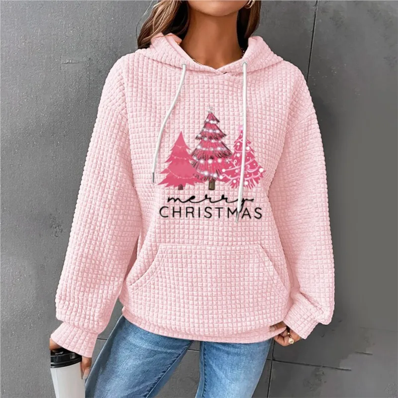 

New Autumn And Winter Women's Top Sweater Christmas Tree Print Long Sleeve Pullover Hood Pocket Drawstring Waffle Femme Hoodie