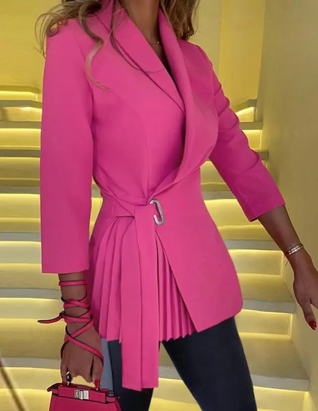 

Temperament Women's Blazer Office Elegant Long-Sleeved Top Lapel Coat 2023 Autumn Winter Side Tie Detail Pleated Blazer Coat