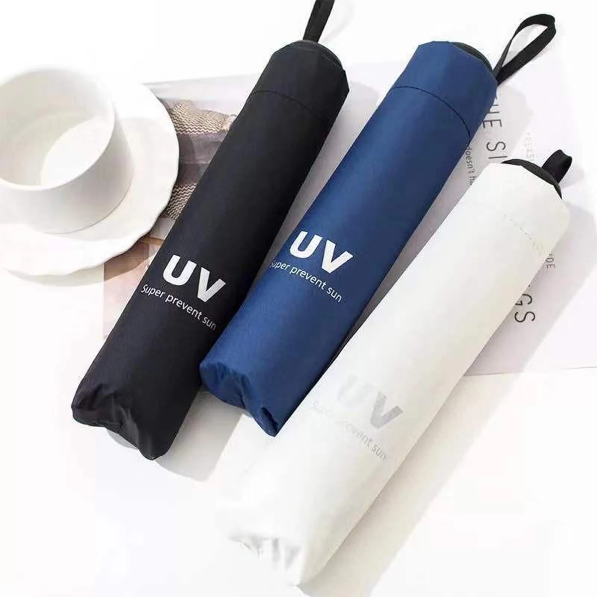Regular Manual Version Thick Pole Sun Black Rubber Umbrella Three Fold UV Protection Rain and Shine Dual-Purpose 1 piece