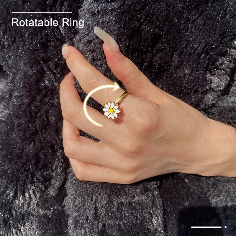 Daisy Flower Anxiety Ring Fidget Bague Anti Stress Women Rings Stainless  Steel Bagues Matching Ringen Jewelry