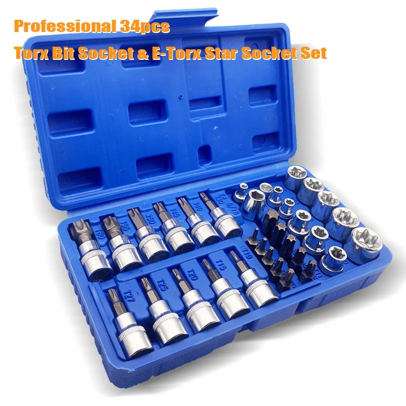 Torx Bit Socket Set 34pcs E-Torx Star Socket 1/4" 3/8" 1/2" Drive Male Female E-torx Bits Handheld Tool with Case