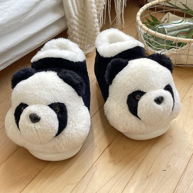Chunky Fashion Women's Slip On Fur Slippers Comfort Cute Panda Shoes for Women 2024 Winter Warm fur Slides Home Indoor 3