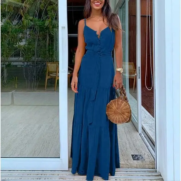 

Sexy Women Maxi Dress Spaghetti Strap Loose Sling Dress C Female Summer Sleeveless Button Vest Long Women Dresses Vestidos