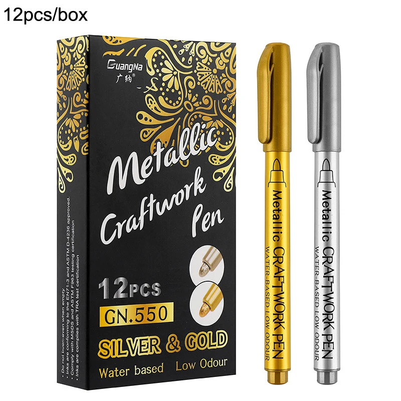 

12pcs Gold Silver Metallic Marker Paint Pen Sektching Marker for Photo Album Black Card Paper Sign Pen School Office Supplies