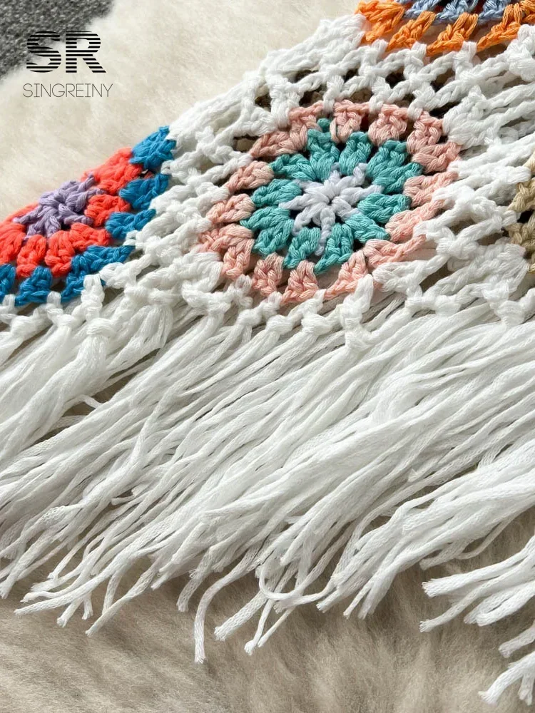 2024 New Bohemian Two Piece Knitted Sets Summer Hook Hollow Out Camisole Floral Irregular Tassel Skirt Sexy Beach Style Suits