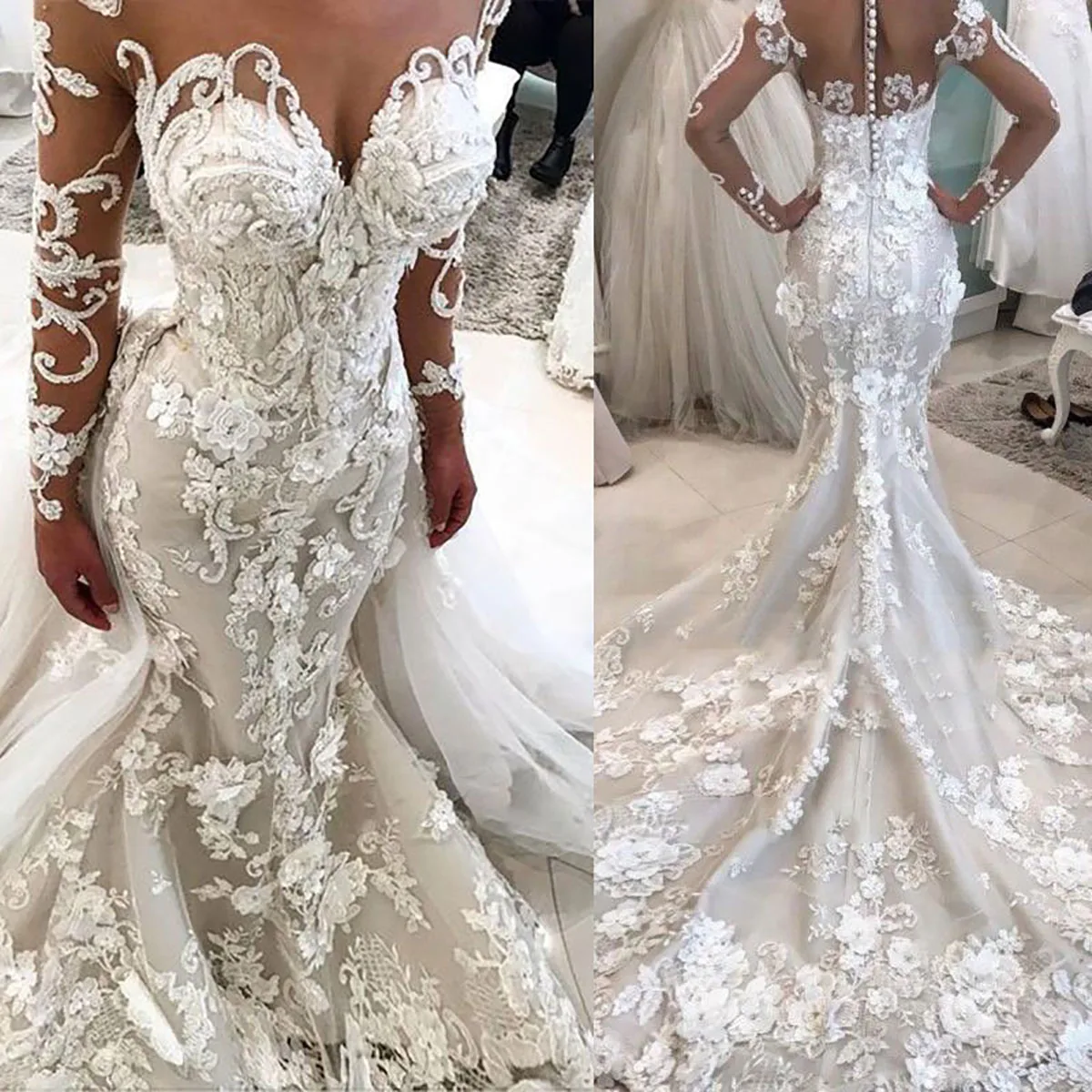 

3D Flowers Mermaid Wedding Dress Sexy Sheer Neck Long Sleeve Custom Made See Through Back Bridal Robes Vestido De Novia