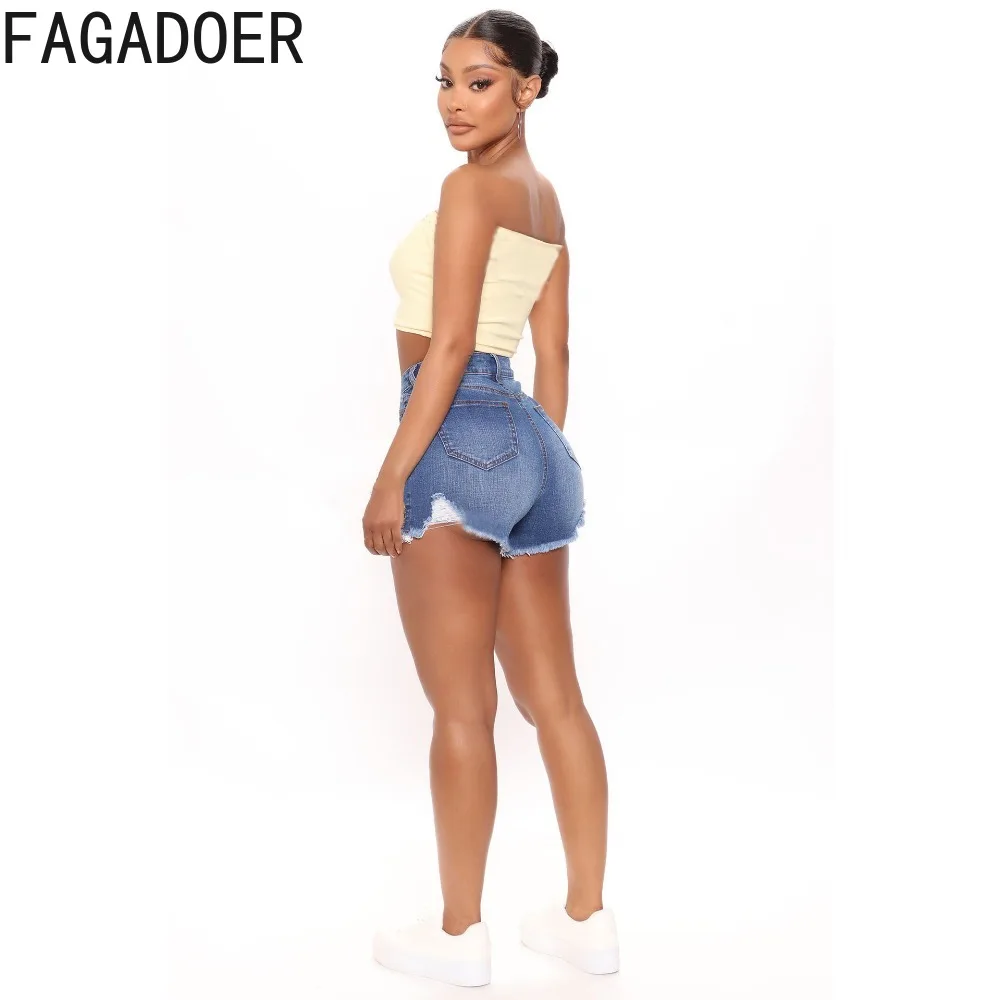 FAGADOER Summer Denim Hole Skinny Shorts Women High Waisted Button Slim Bottoms Fashion Female Cowboy Matching Shorts 2024 New