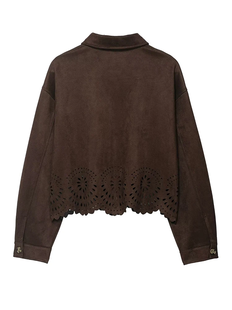 Women Suede Two Pieces Pants Sets 2025 New Fashion Hollow Out Short Coat + Wide Leg Pants Women's Suit Chic Casual Woman Outfits