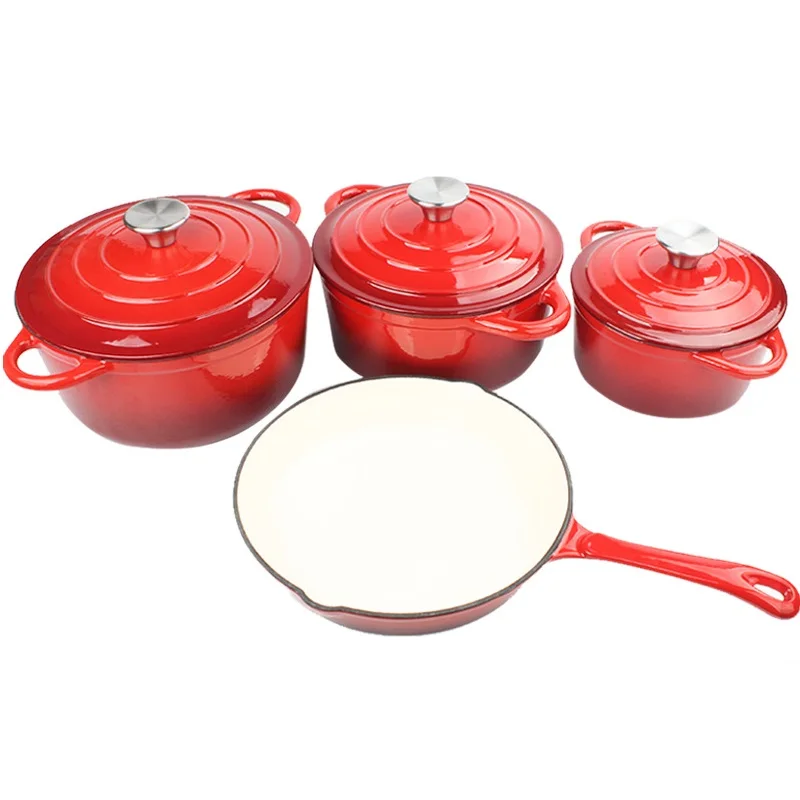 

New Hot Sale 4 pcs Kitchen Cast Iron Dutch Oven Pot Enameled Cast Iron Skillet Set Round Enamel Cookware Pot and Pan Set