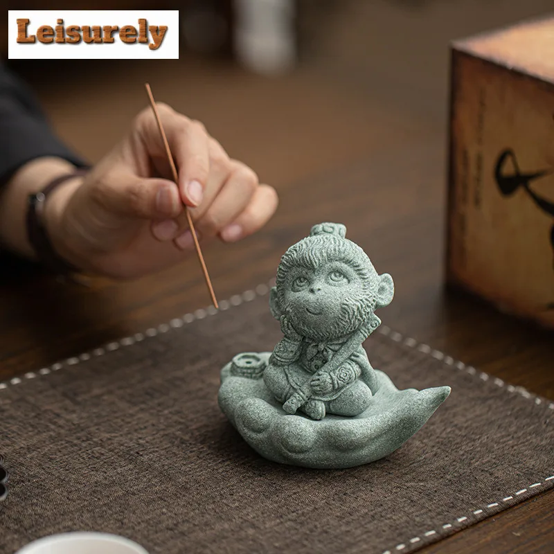Green Sandstone Zen Wukong Tea Pet Aesthetic Flowerpot Landscaping Tea Figurine Play Toys Tea Statue Ornaments Craftsmanship