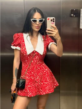 Red Floral Print Peter Pan Collar Dress Women Puff Sleeve V Neck Button Down A-line Mini Dress 2026 Lady Weekend Getaway Robe 1