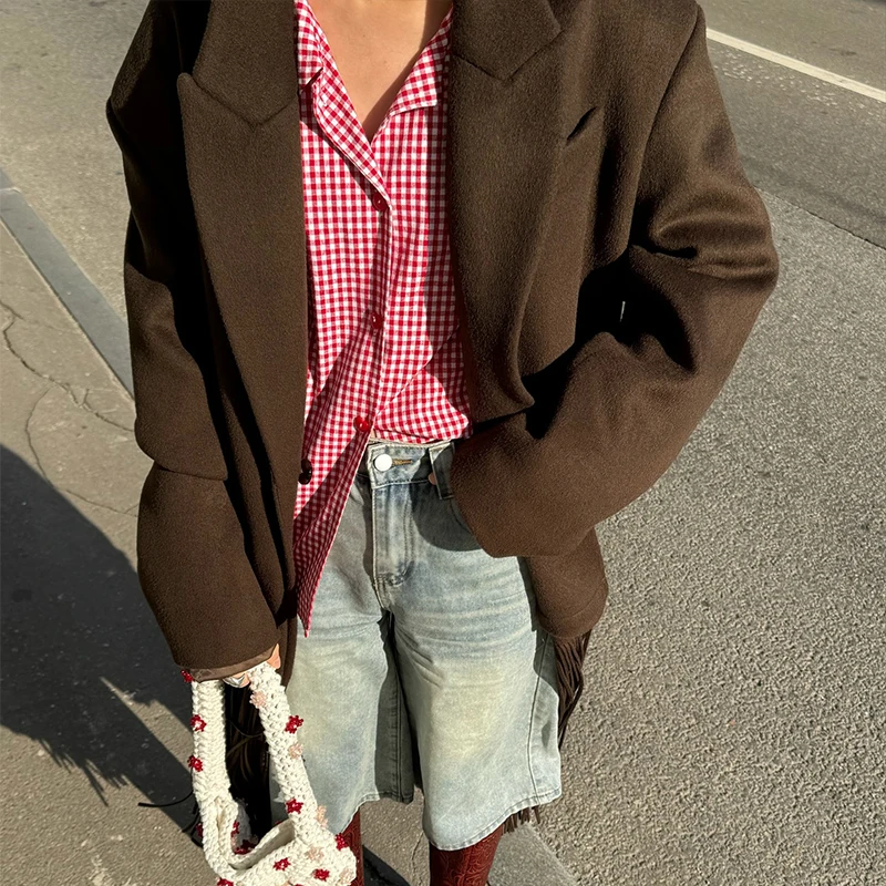 Abrigo largo de lana con borlas para mujer, chaqueta holgada de manga larga con solapa y botonadura sencilla, color marrón, primavera 2025