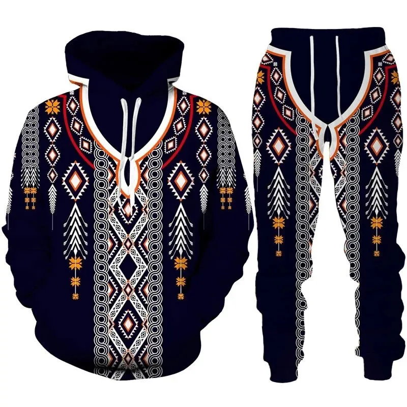 New Vintage Abstract Pattern 3D Print Men Clothing Suit Ethnic Style Hoodie Pants 2 Piece Set Men's Sportswear Tracksuit Autumn 3
