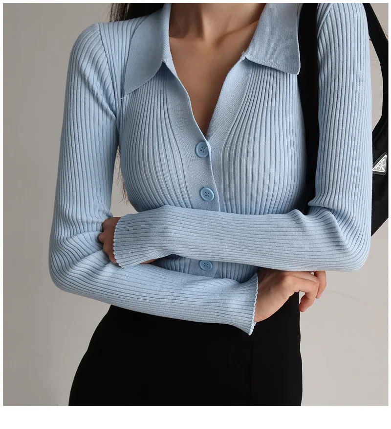 

Fahsion Women Blouse 2022 Knit Sweater Winter Long Sleeve Button Tops Ladies Coat Korean Fashion Sexy Slim Cardigan Chic Point