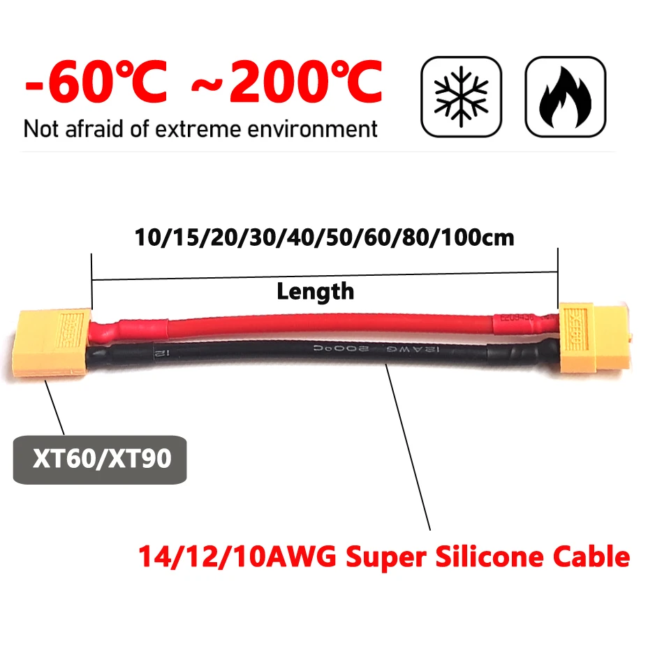 Détail du connecteur XT90 mâle sur câble 10AWG pour batterie RC, contacts plaqués or.