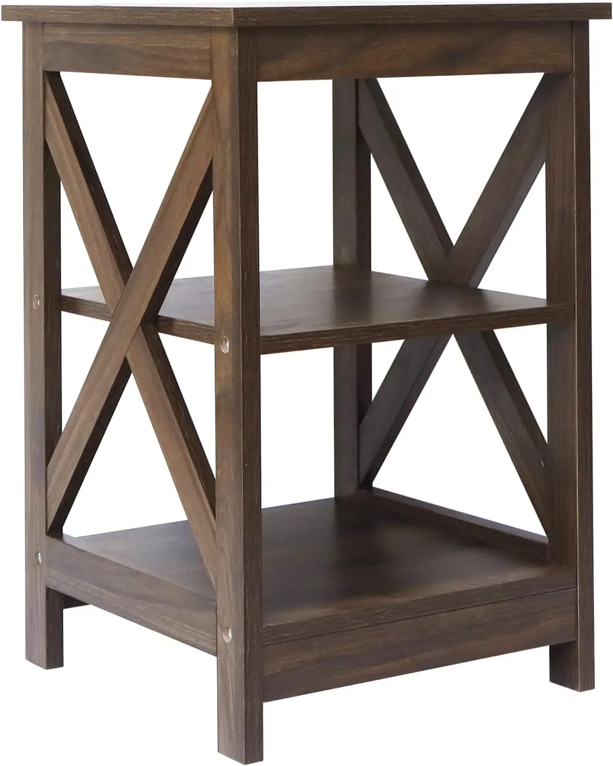Side Table, Modern Farmhouse Wood End Table with 3-Tier Storage, Dark Walnut