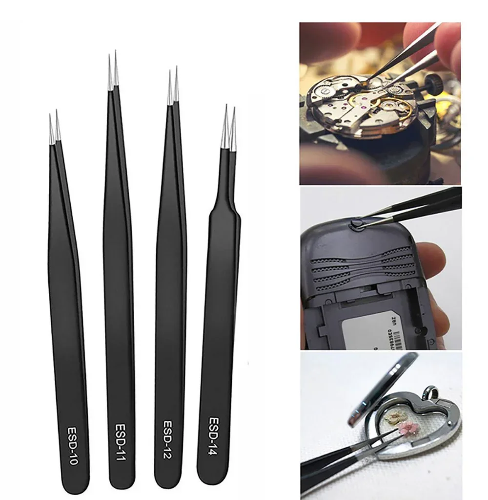 Precision Tweezers Set ESD Anti-Static Stainless Steel Tweezers Repair Tools Electronics Repair Soldering Craft Tools 2/6pcs precision tweezers tweezer tool esd anti static tweezers soldering tweezers phone repair tweezers