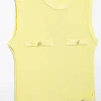 Women Pale Yellow Knitted Pleated Dress Summer Fashion Pockets O-Neck Sleeveless A-line Mini Dress Official - Image 4