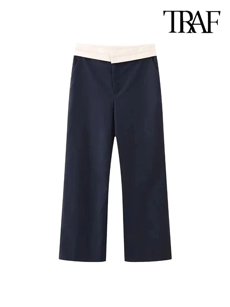 TRAF-Women's Side Pockets Mid Waist Zipper Fly Trousers, Contrast Waistband Pants, Female Fashion