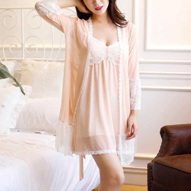 

Padded Mini Chemise Night Slip Dress Lace Nightgown Robe Sets Sleepwear Nightwear Mesh Robe Ladies Pijamas Set Women Sexy Nighty