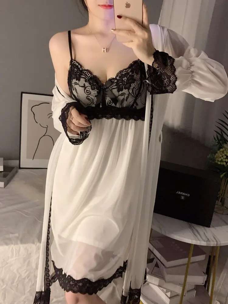 2pcs Nightgowns Women Sexy Lace Nightdress French Fairy Court Pajamas Sleep Home Dressing Gown Summer Pajama Sleepwear Nightwear