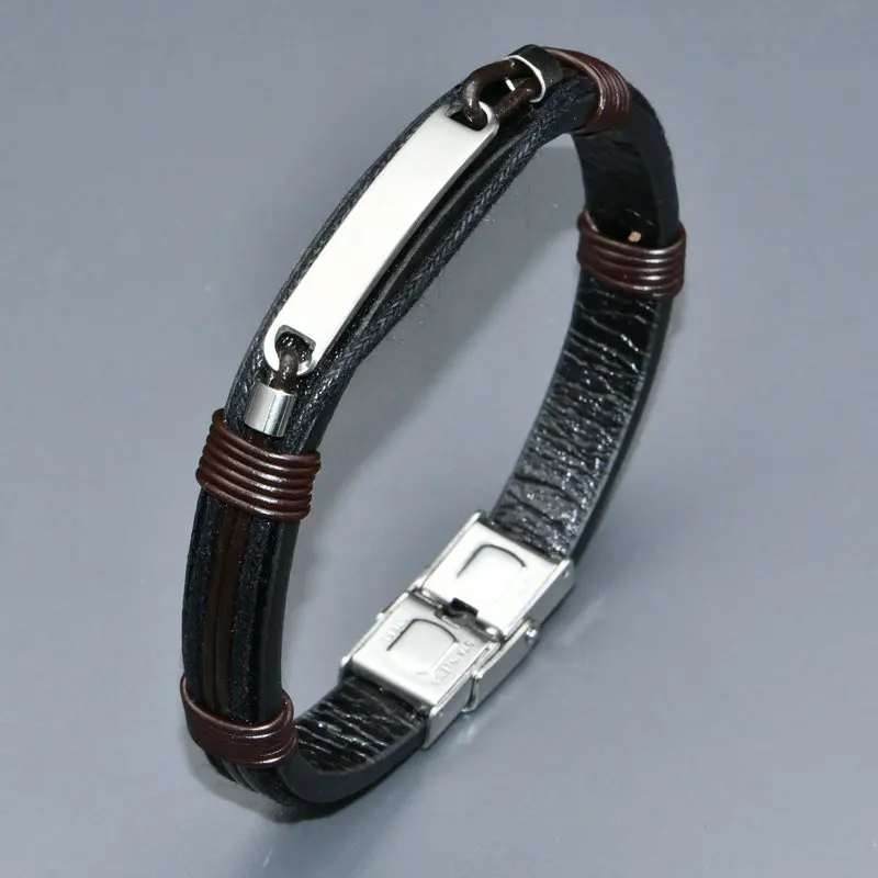

High Quality Matte Stainless Steel Plate Black Genuine Leather Brown Rope Handmade Bracelet For Luxury Men's Jewelry