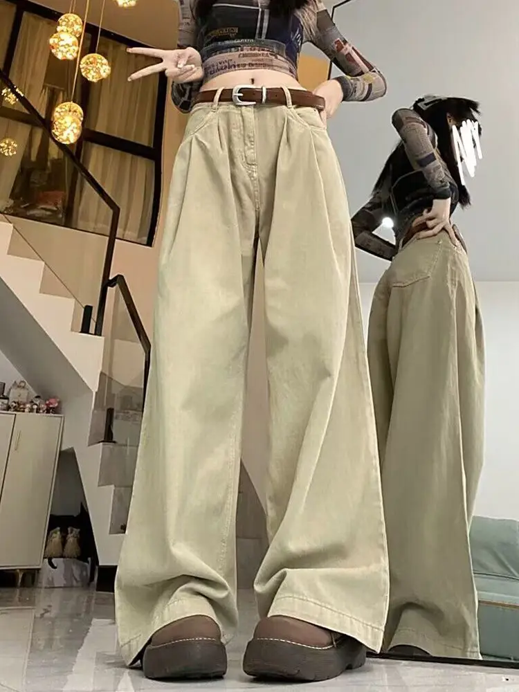 HOUZHOU Baggy Khaki Jeans Women Vintage Korean Style White Classic Wide Pants High Waist Denim Trousers Casual Oversized Jeans