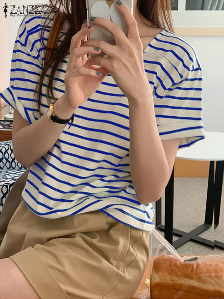 

Женская блузка ZANZEA в Корейском стиле, рубашка в полоску в стиле Харадзюку, топы с коротким рукавом, Летняя туника с квадратным вырезом, универсальные простые блузы, 2024