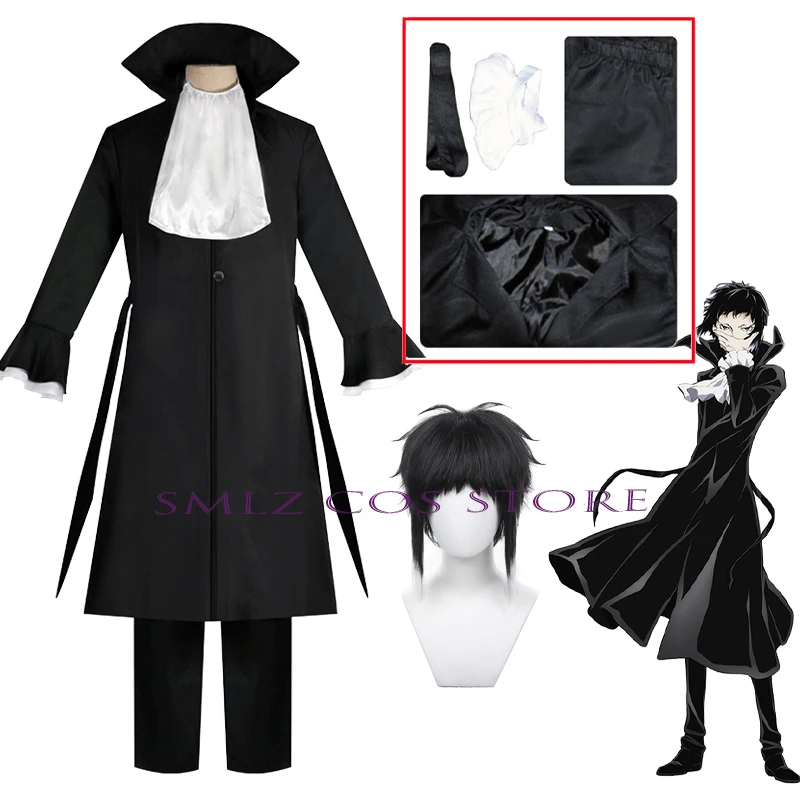 

Cosplay Anime Bungo Stray Dogs Ryunosuke Akutagawa Cosplay Uniform Trench Suit Wig Set Halloween Party Outfit for Men