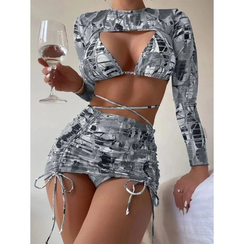 

Women 4 Piece Floral Print Swimsuit Summer Halter Bikini Set Female Sexy Backless Lace Up Bathing Suit with Cover Up Beachwear