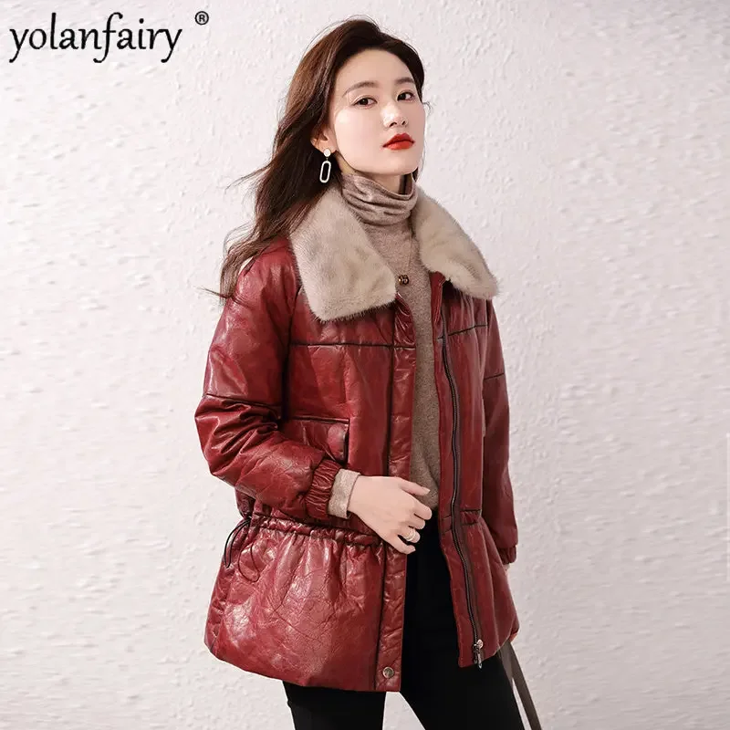 

2022 Female Winter Coat Women Real Sheepskin Genuine Leather Down Jacket Women's Vintage Medium Mink Fur Collar Sheepskin Coats