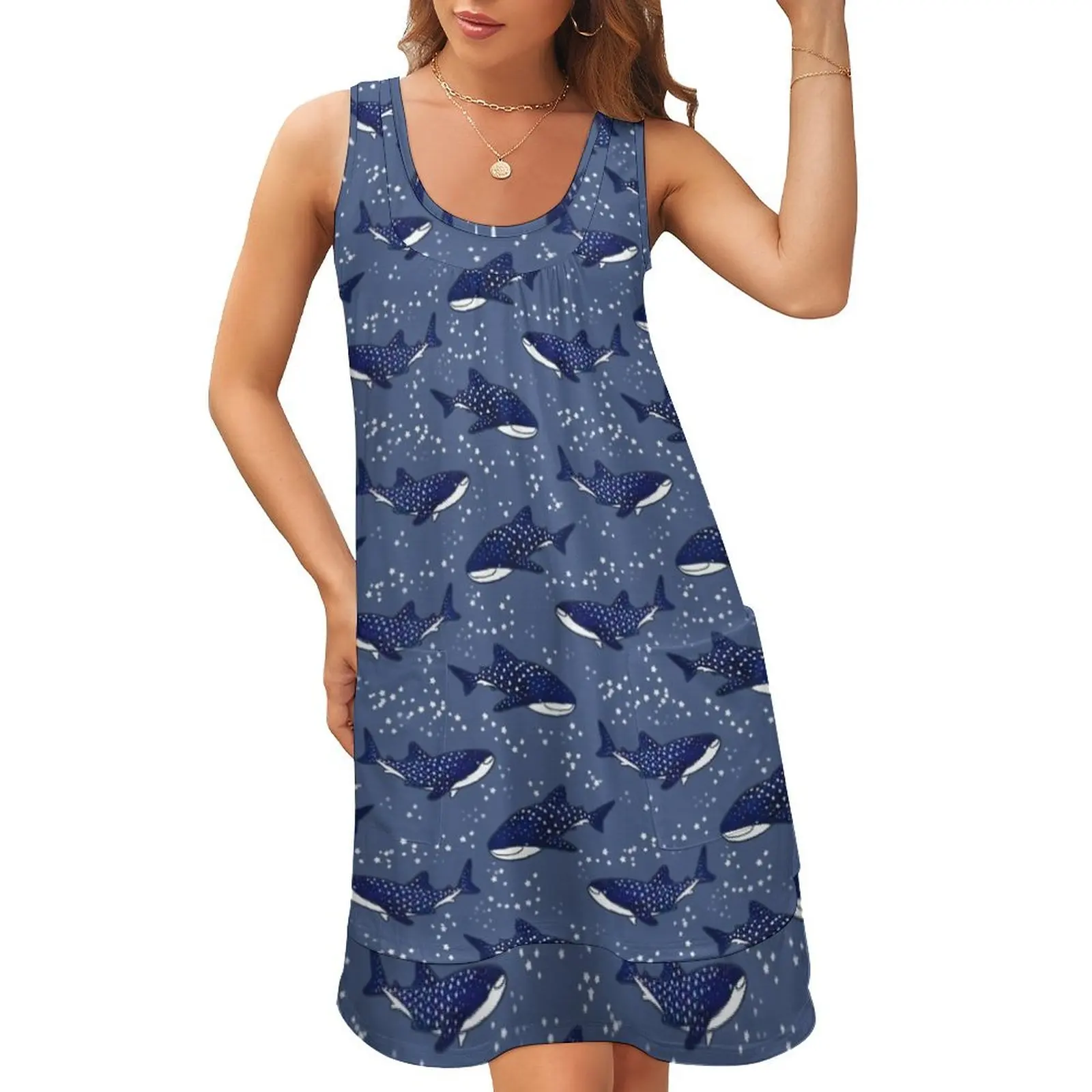 

Starry Whale Sharks (Dark version) Sleeveless U-Neck Fake Two Piece Dress Casual dresses Long veiled dresses women dress