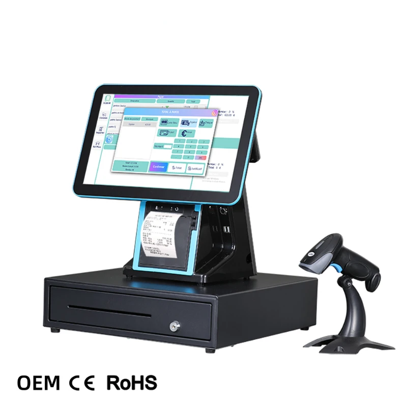 

1902A Excellent Quality Black touch screen pos systems cash register till with built-in 80 printer