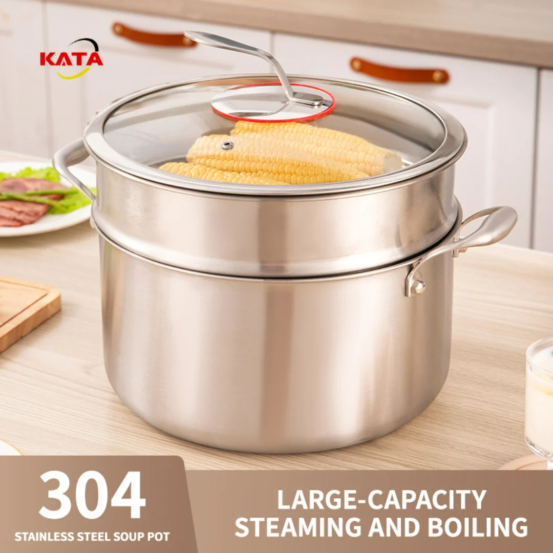 

KATA Home Kitchen 304 Stainless Steel Soup StockPot with Steamer Glass Lid Three Layers Thickened Cookware Conducts Heat Quickly