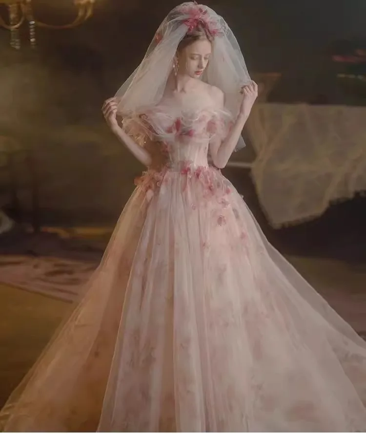 

Flora Dress Charming Pink A-line Tulle 3D Flower Decal Prom Gown Off Shoulder Sweetheart Party Evening Dress vestidos de noche