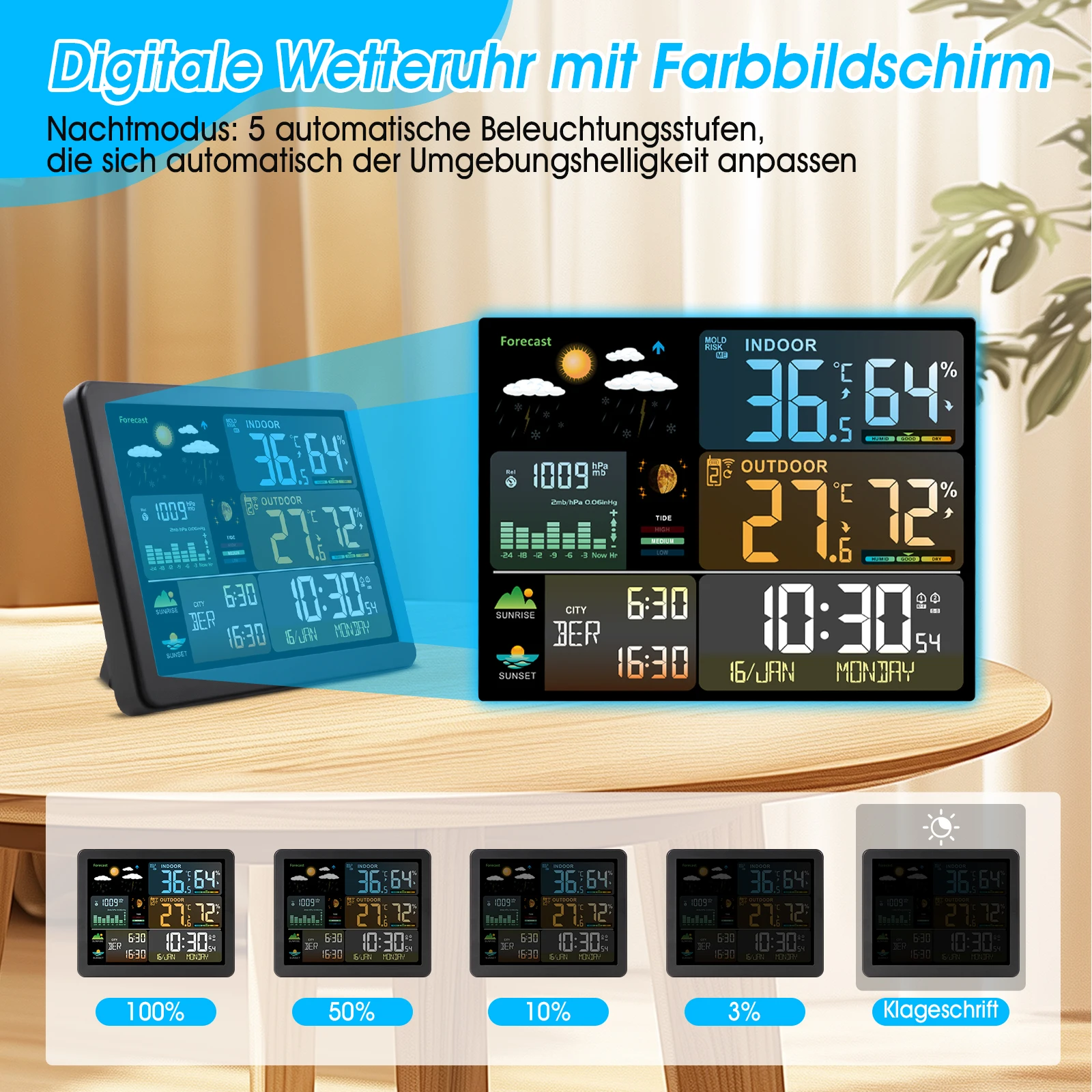 Colorful Digital Wall Clock with Dual Alarms & Weather Station Features-Barometer, Thermometer, Hygrometer White Alarm Clock