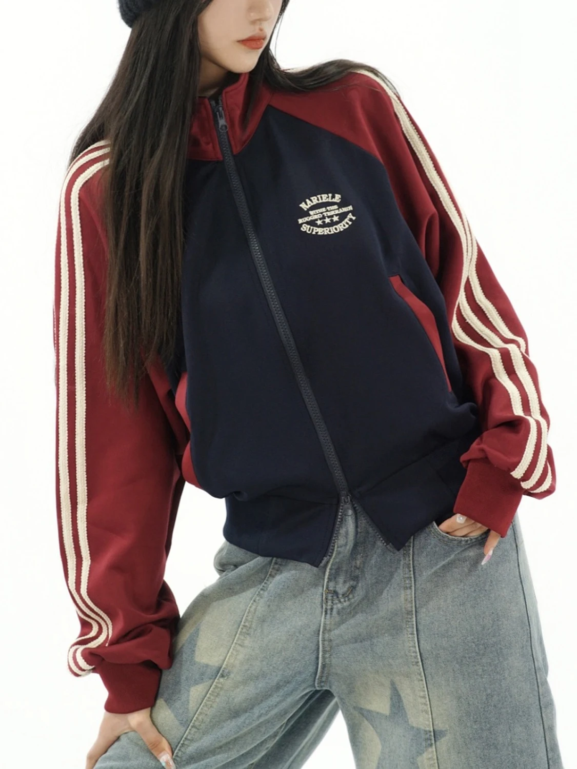 

Y2K Baseball Jackets Women American Retro Coat Female Harajuku Striped Cropped Jacket Ladies Casual Loose Patchwork Outerwear