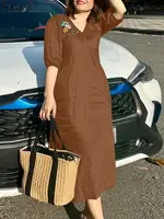 ZANZEA Women V Neck A-line Vestidos Solid Holiday Casual 2024 Summer Dresses Commute Half Sleeve Floral Embroidery Midi Dress - Image 2