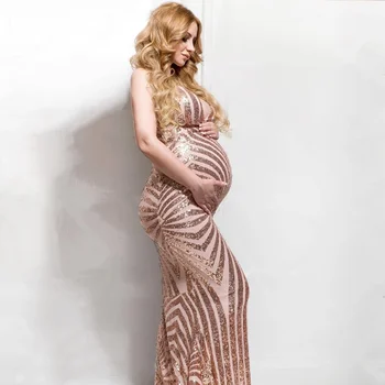 Sexy Sling Sequined Maternity Dress Gown For Photo Shoot Elegant Off Shoulder V-Neck Evening Pregnant Women Baby Shower Clothes
