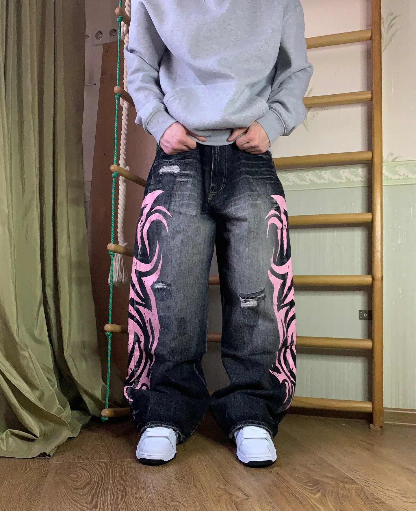 Y2K American Vintage Mottled Totem Print Baggy Jeans Women's High Waist Wide Leg Jeans Women's Trendy Hip-hop Jeans 5